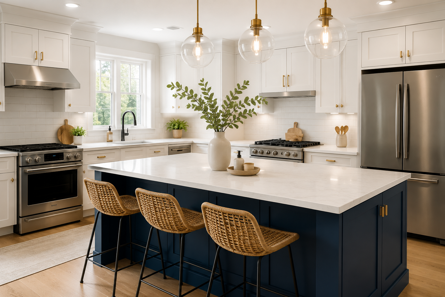 Bright, freshly cleaned modern kitchen with navy island